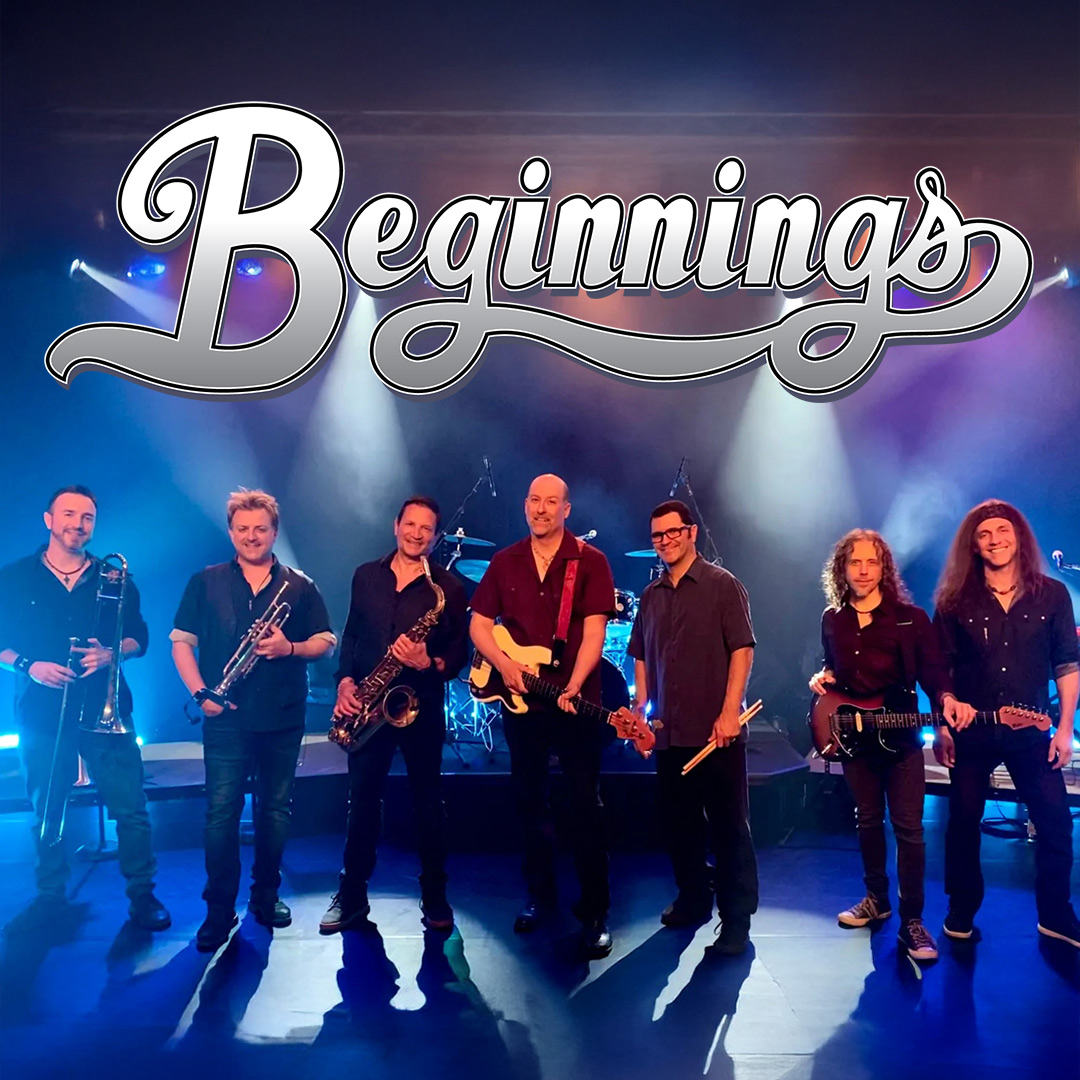 A band of seven musicians on a stage with blue and purple lighting, labeled "Beginnings."