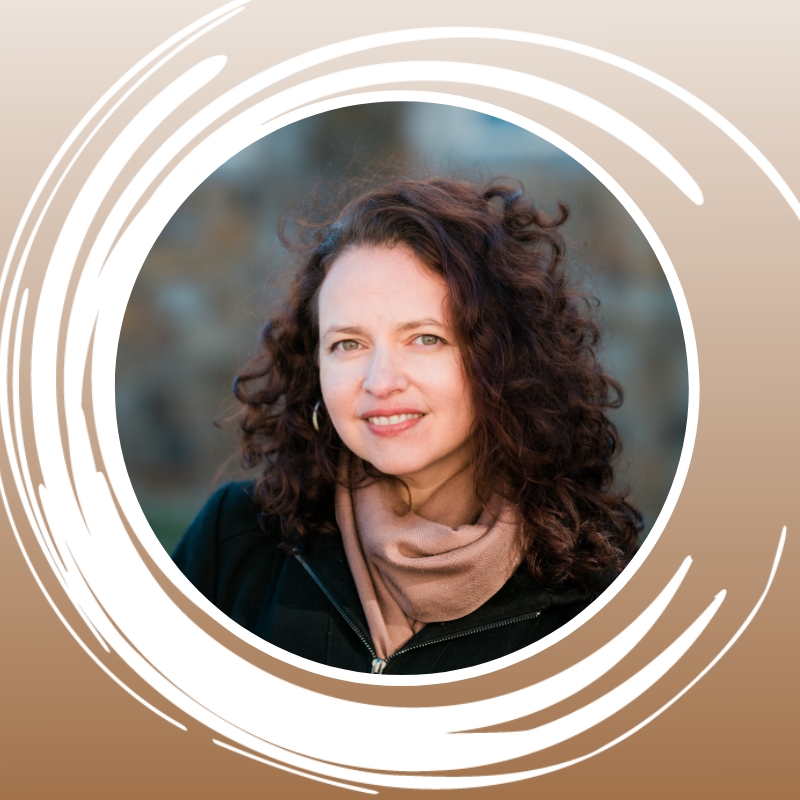 "Portrait of a person with curly hair, wearing a coat and scarf, framed by a swirl pattern."